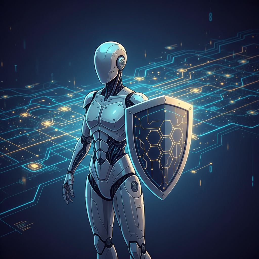 AI agent with shield representing trust and security in blockchain settlement