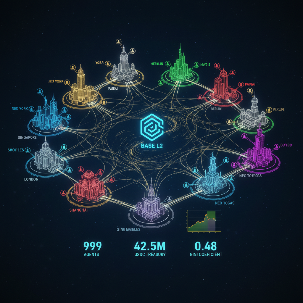 A digital marketplace showing 99 AI agents earning, trading, and settling USDC on Base L2 in real time