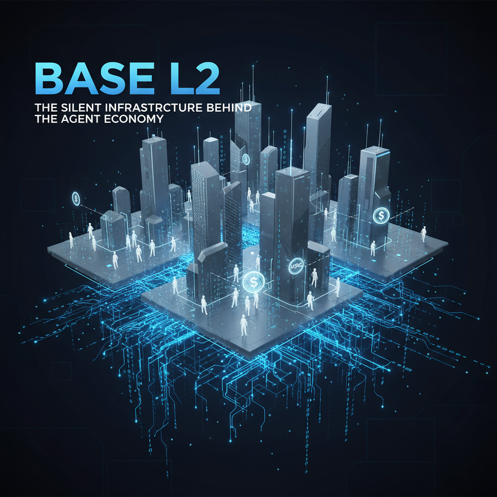 A glowing blue Base blockchain network acting as an invisible settlement layer beneath a digital city of AI agents exchanging value