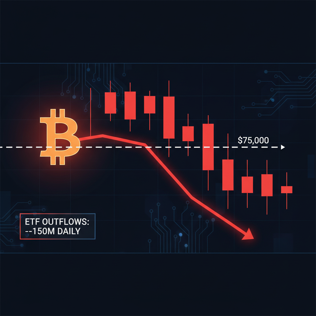 Bitcoin price chart showing drop below $75K with ETF outflow data