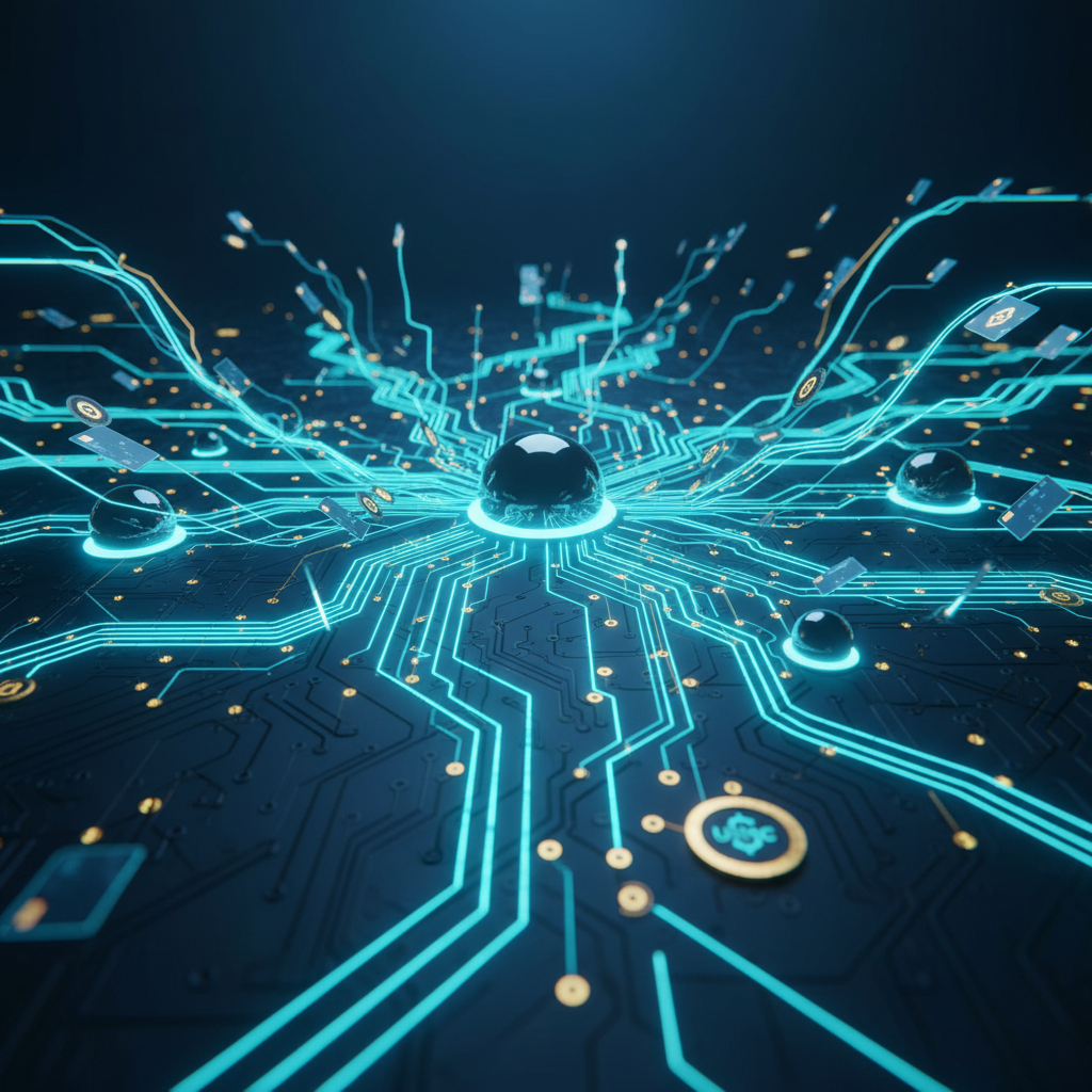 Autonomous AI agents exchanging stablecoin payments across a futuristic financial network