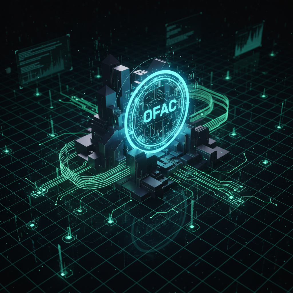 A digital compliance network with OFAC screening nodes and agent payment flows across a blockchain