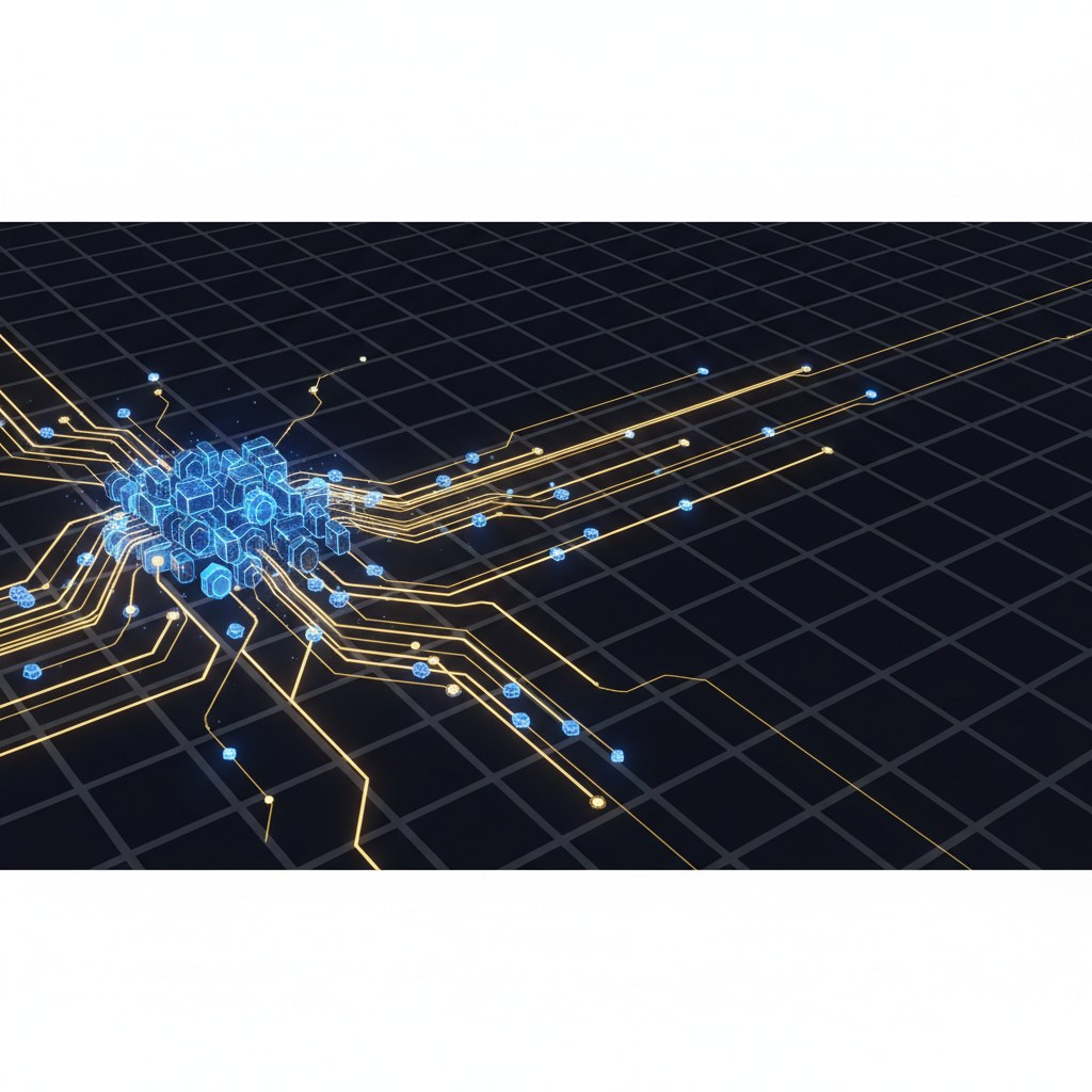 A small cluster of glowing AI agents exchanging stablecoin micropayments across a vast dark financial network grid